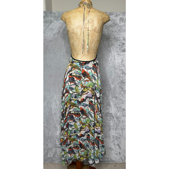 Nicholson Top Womens 10 Silk Bird Print Front Tie Triangle Halter Boho Whimsey - Picture 6 of 10